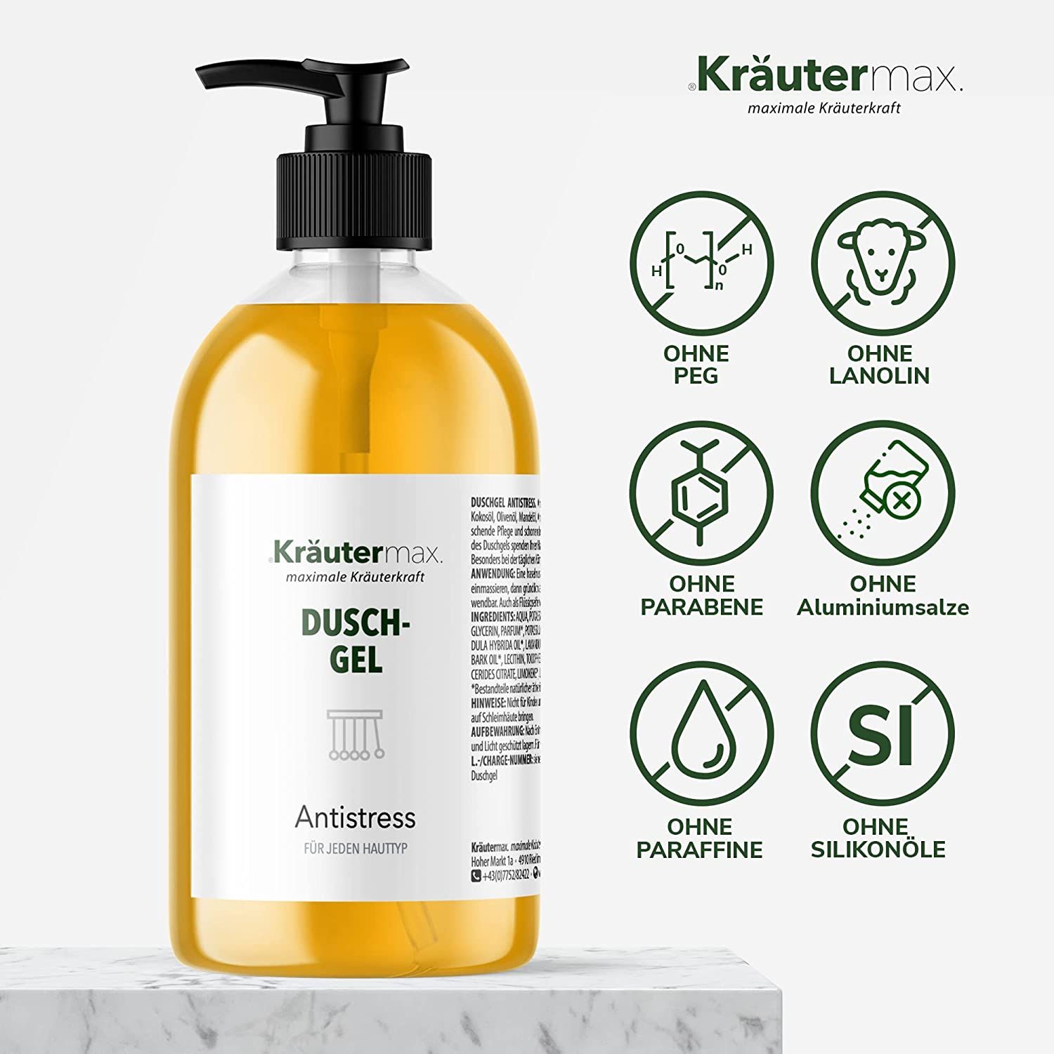 Gel-Spender mit gelbem Inhalt. Aufschrift: Kräutermax Duschgel Antistress. Symbole: Ohne PEG, Lanolin, Parabene, Aluminiumsalze, Paraffine, Silikonöle.