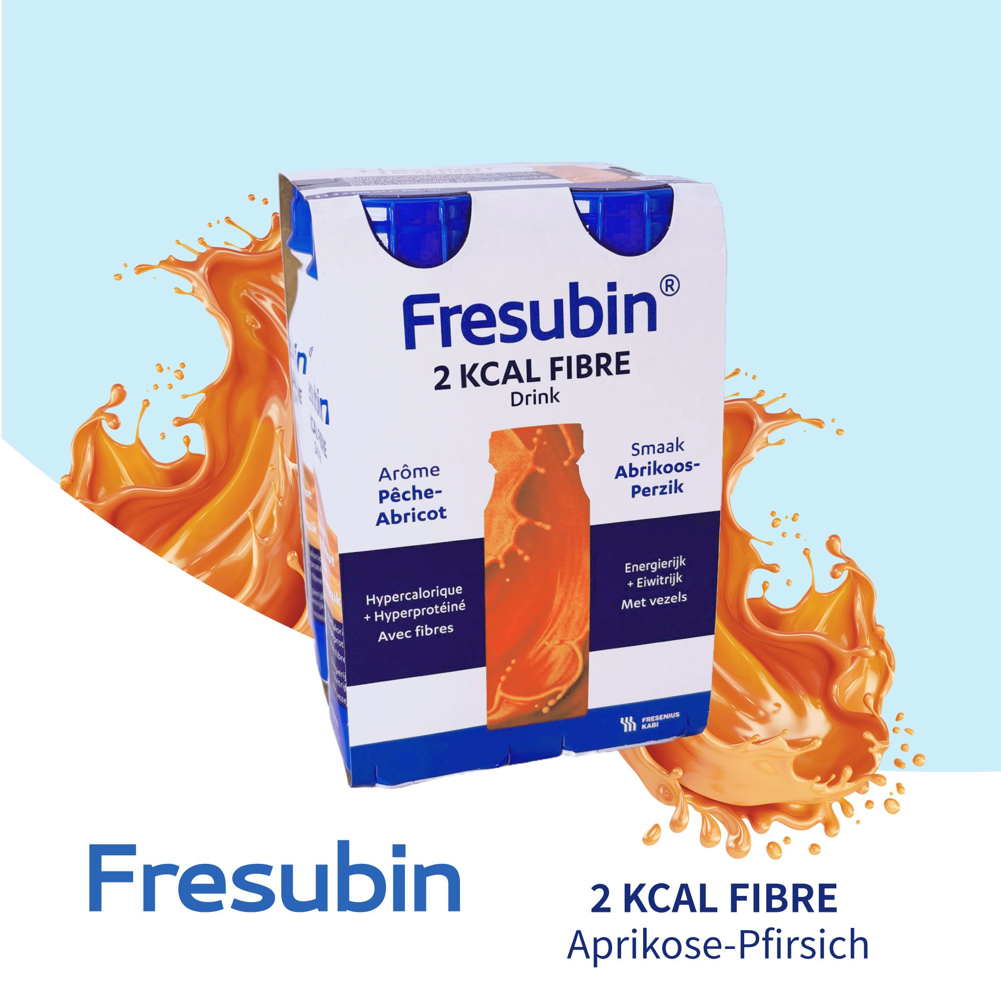 Karton mit Fresubin 2 kcal Fibre Drink, Aprikose-Pfirsich. Blaue und weiße Verpackung mit Produktinformationen und Abbildung.
