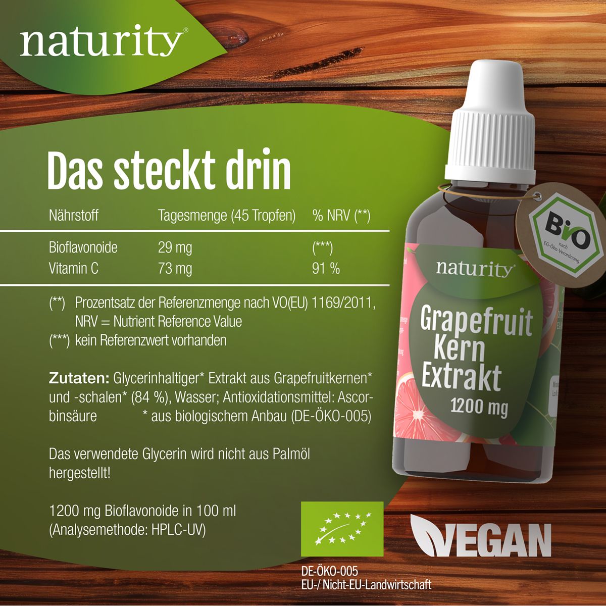 Braune Glasflasche mit Tropfer und Etikett. Text: Grapefruitkern Extrakt 1200 mg, Inhaltsstoffe, Nährwertangaben, vegan.