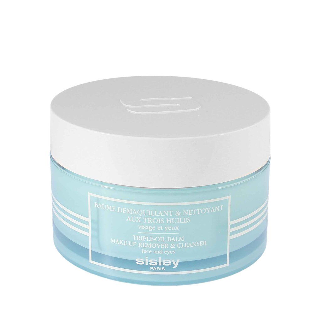 Runder, blau-weißer Tiegel mit Deckel. Aufschrift: Baume Demaquillant & Nettoyant, Triple Oil Balm, Sisley Paris.