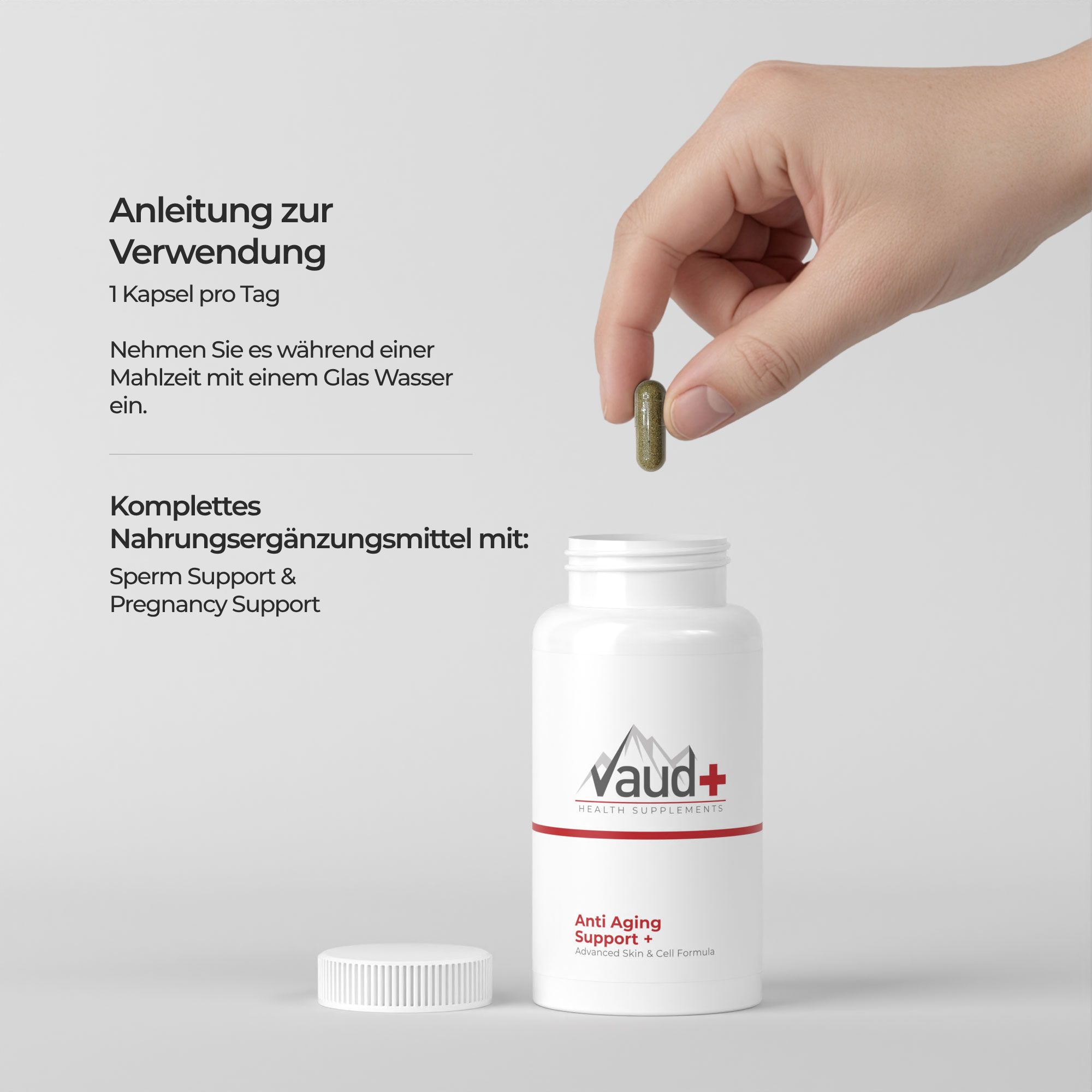 Hand hält Kapsel über einer weißen Flasche. Text: 1 Kapsel pro Tag. Nahrungsergänzungsmittel.