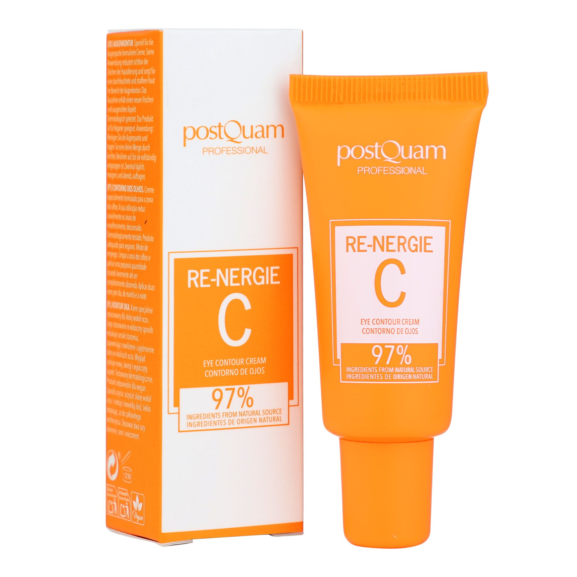 Postquam Re-Nergie C Augencreme und Verpackung. Orange Tube und Box mit Text. 97% Inhaltsstoffe natürlichen Ursprungs.
