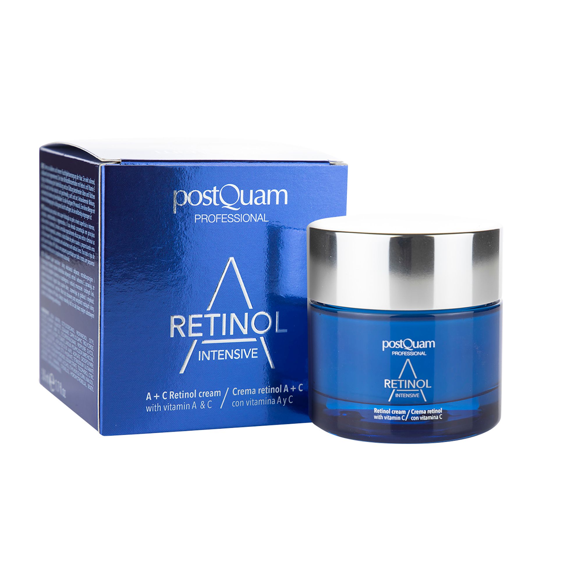 Blaue Creme-Dose und Schachtel. Aufschrift: Retinol Intensive, Retinol cream with vitamin C. A+C Retinol cream.