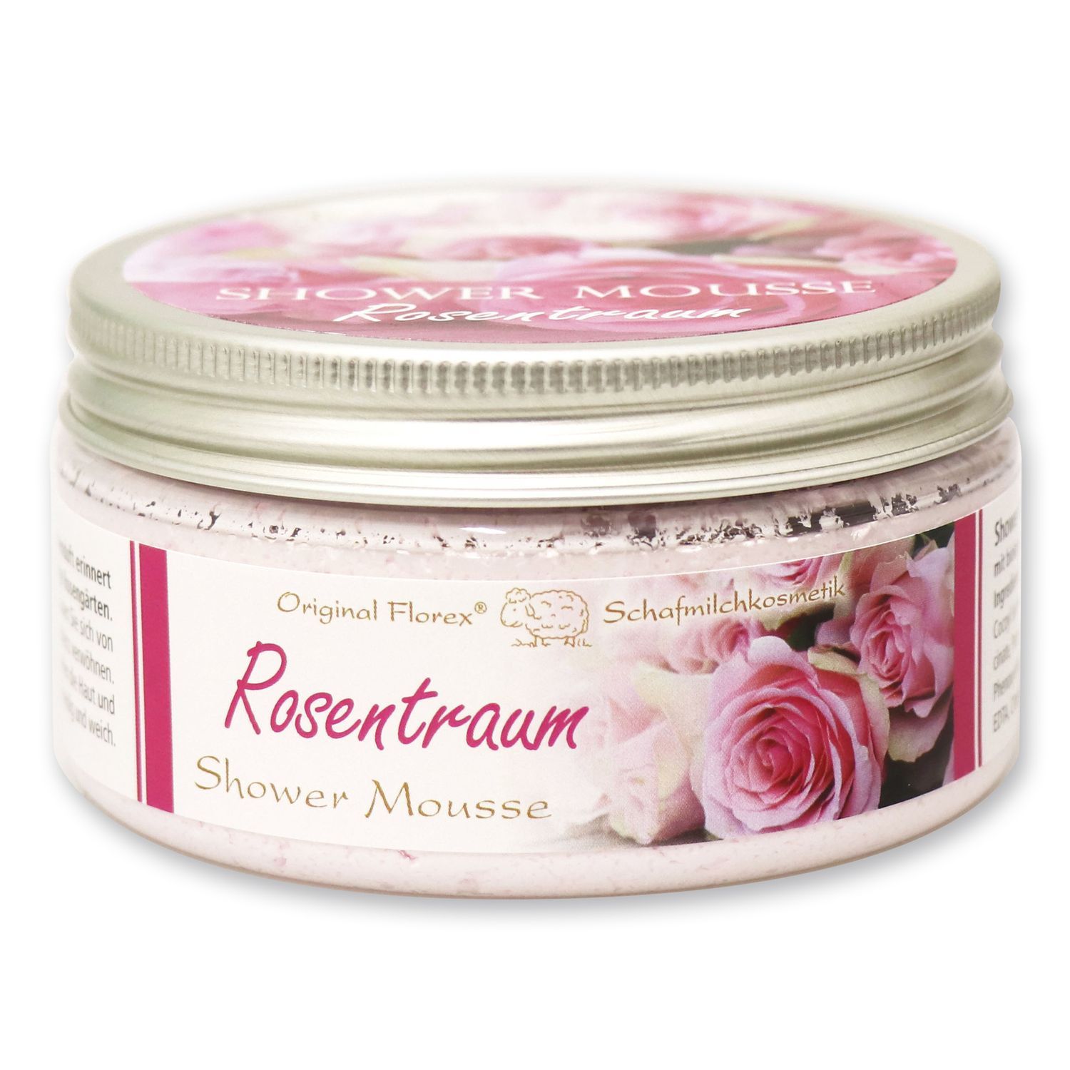 Runder Tiegel mit Schraubverschluss. Aufschrift: Rosentraum Shower Mousse. Etikett mit Rosenmotiv und Text. Marke: Original Florex.