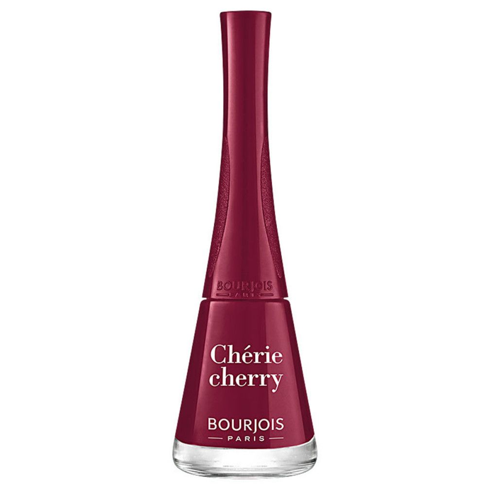 Nagellackflasche, kirschrot, mit weißer Schrift. Marke: Bourjois Paris. Produktname: Chérie Cherry.