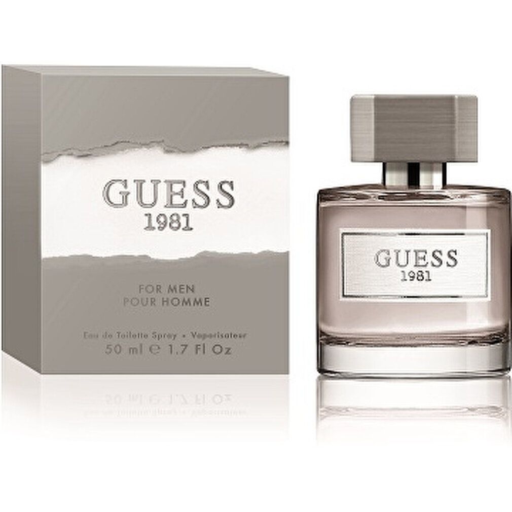 Guess 1981 for Men Flakon und Verpackung. Rechteckiger Flakon, silberner Verschluss. Graue Verpackung mit Logo.