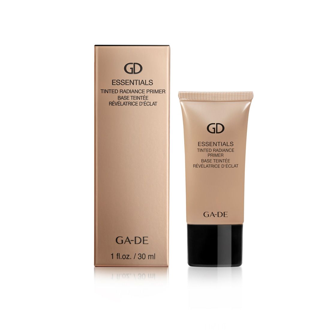 Beige Tube und Schachtel. Aufschrift: GD Essentials Tinted Radiance Primer. Marke: GA-DE. 1 fl.oz./30 ml.