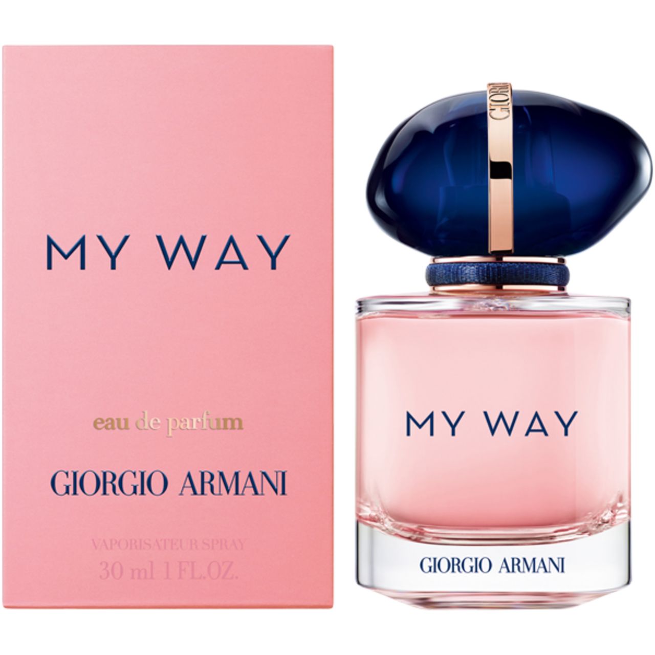 Parfümflakon und Verpackung. Flakon mit blauem Deckel, rosa Inhalt. Aufschrift "MY WAY" und "GIORGIO ARMANI".