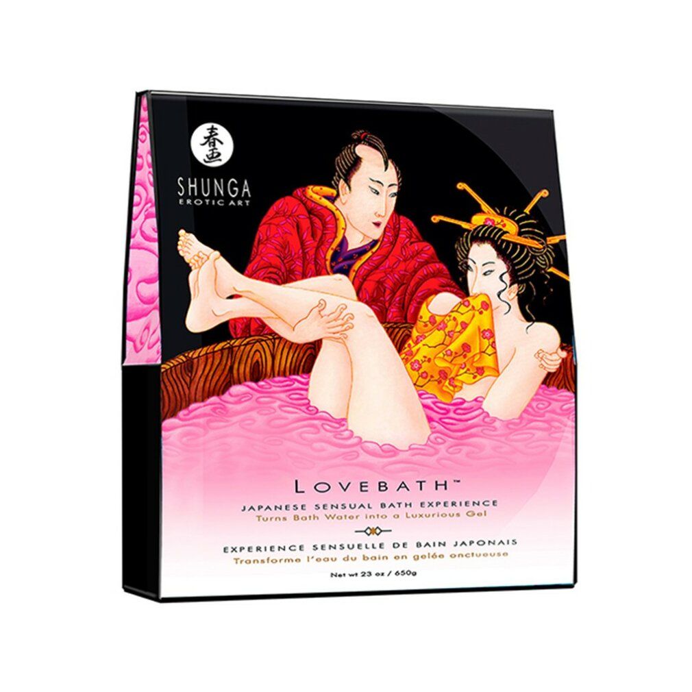 Verpackung für Lovebath, japanisches sinnliches Badeerlebnis. Zeigt ein Paar in einer Badewanne.