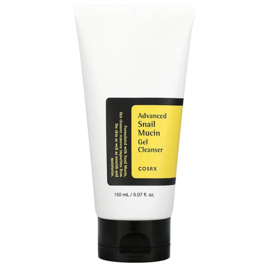 Weiße Tube mit schwarzem Klappdeckel, enthält COSRX Advanced Snail Mucin Gel Cleanser.