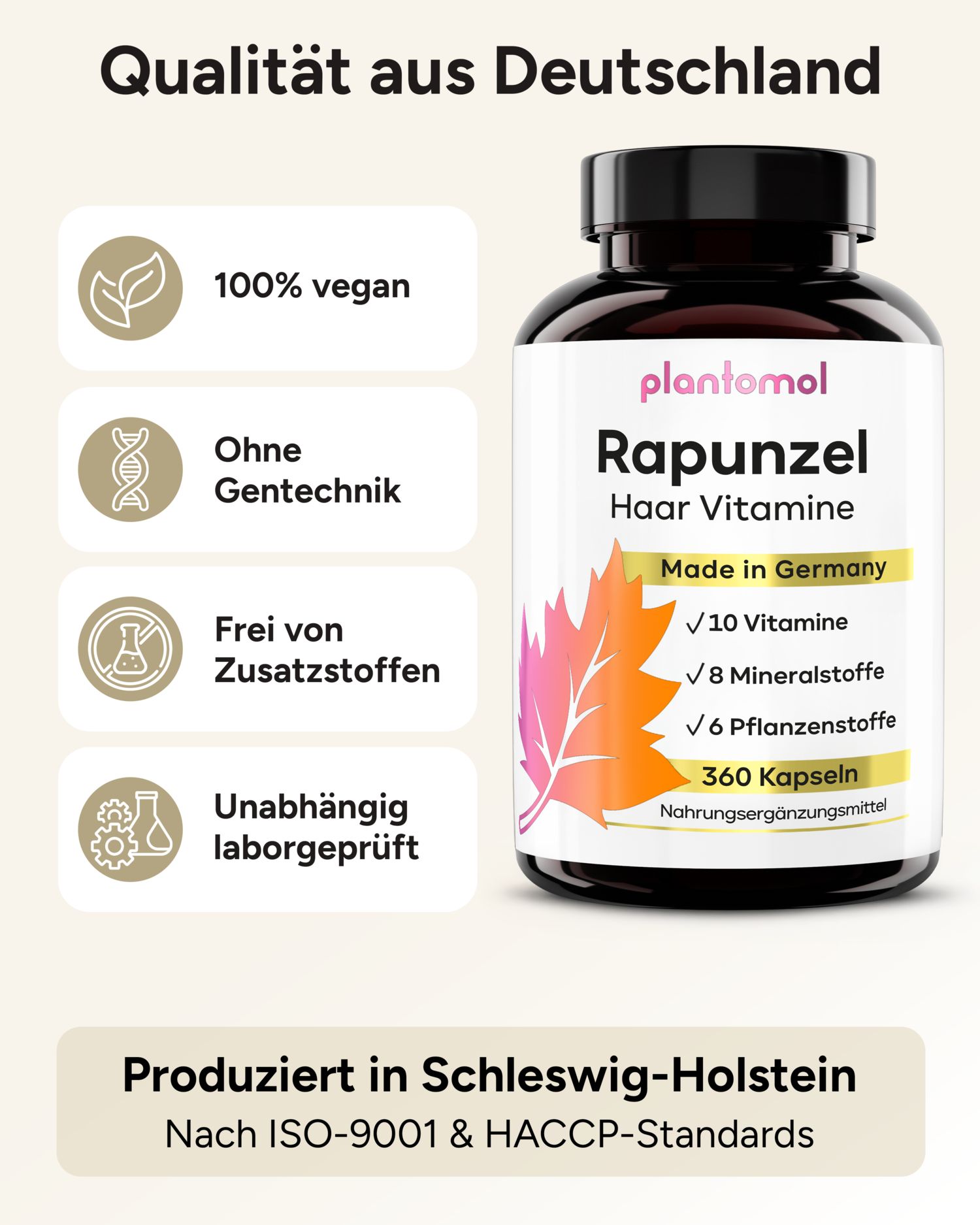 Qualität aus Deutschland. 100% vegan, ohne Gentechnik, frei von Zusatzstoffen, laborgeprüft. Flasche plantomol Rapunzel Haar Vitamine. Produziert in Schleswig-Holstein.