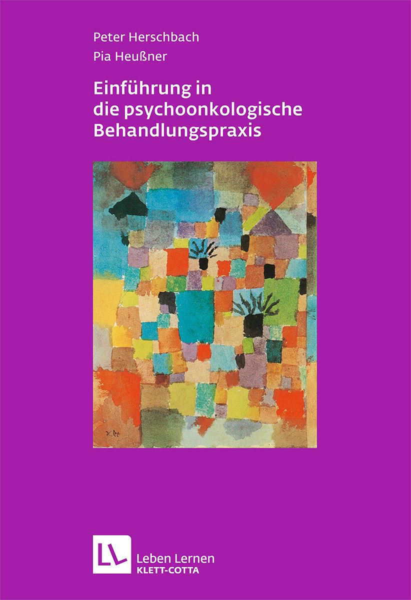 Buchcover: Einführung in die psychoonkologische Behandlungspraxis. Titel und Autoren auf lila Hintergrund. Abstraktes Kunstwerk.