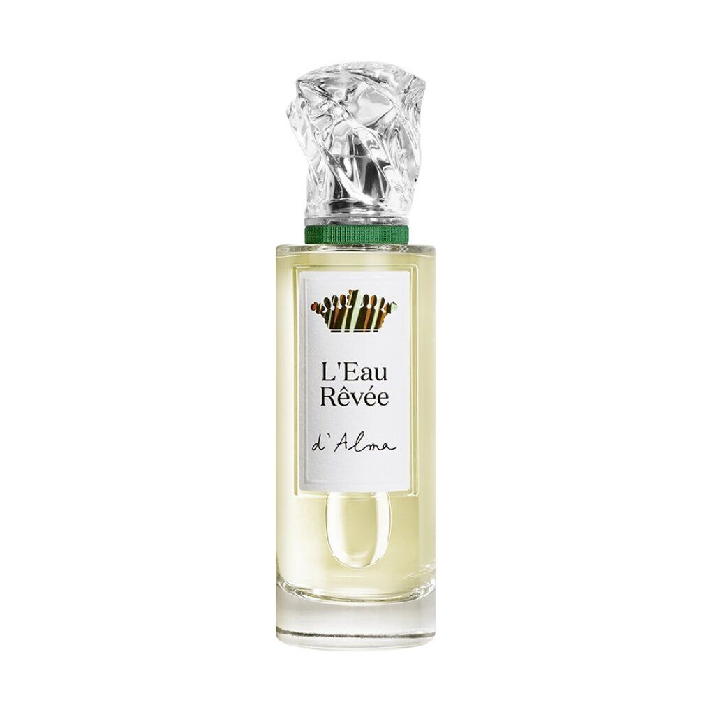 Glasflakon mit transparentem Verschluss. Aufschrift: L'Eau Rêvée d'Alma. Flüssigkeit gelblich.