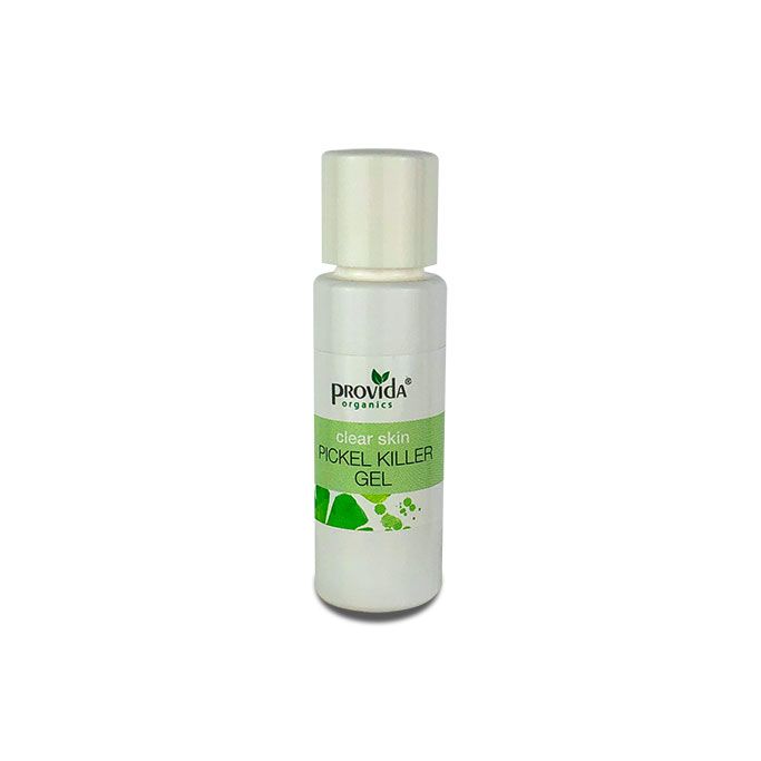 Zylindrische Flasche mit weißem Deckel. Aufschrift: Provida organics, clear skin, Pickel Killer Gel. Grün-weiße Etikettierung.