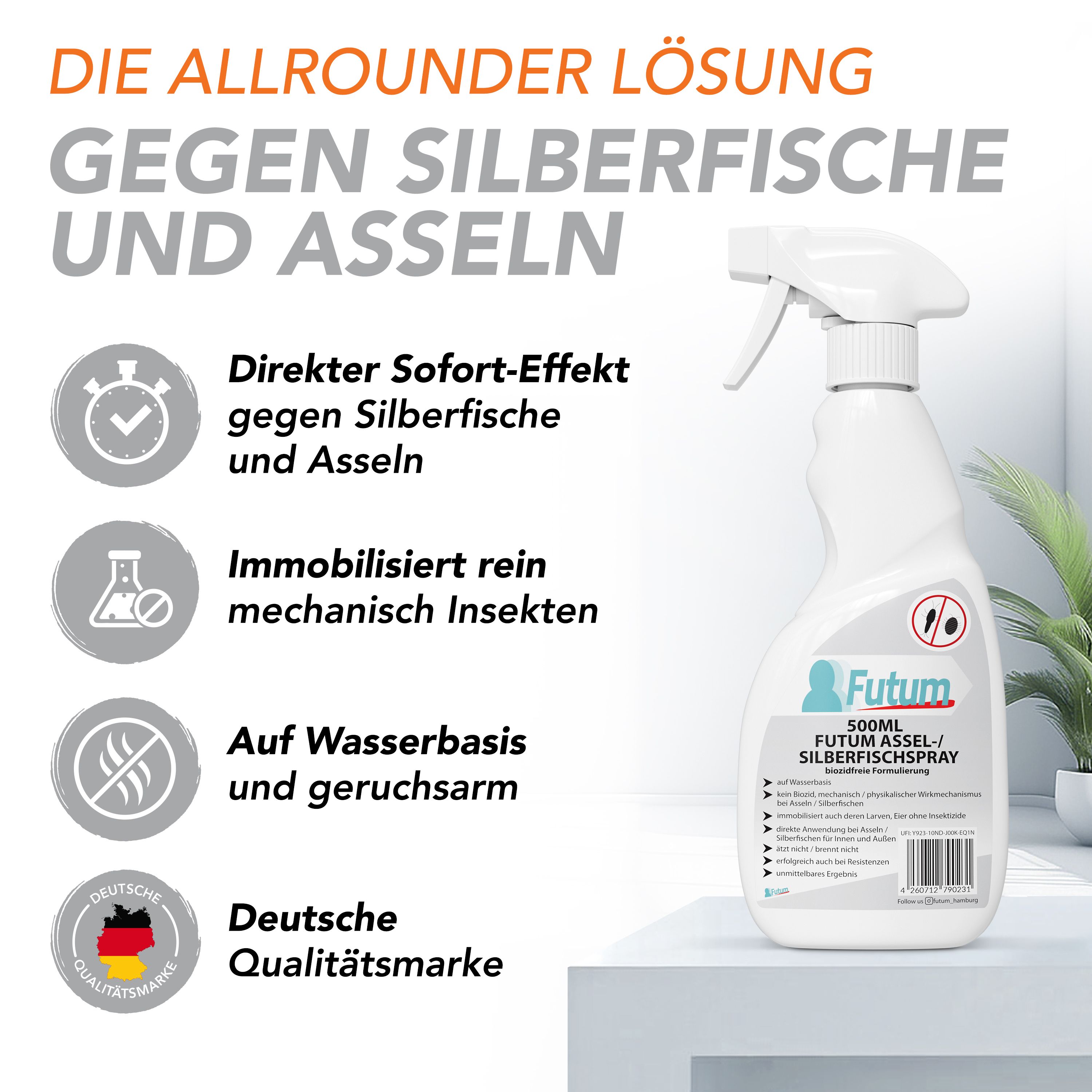 Werbebild mit Produkt und Text. Produkt: weiße Sprühflasche. Text: Die Allround-Lösung gegen Silberfische und Asseln.