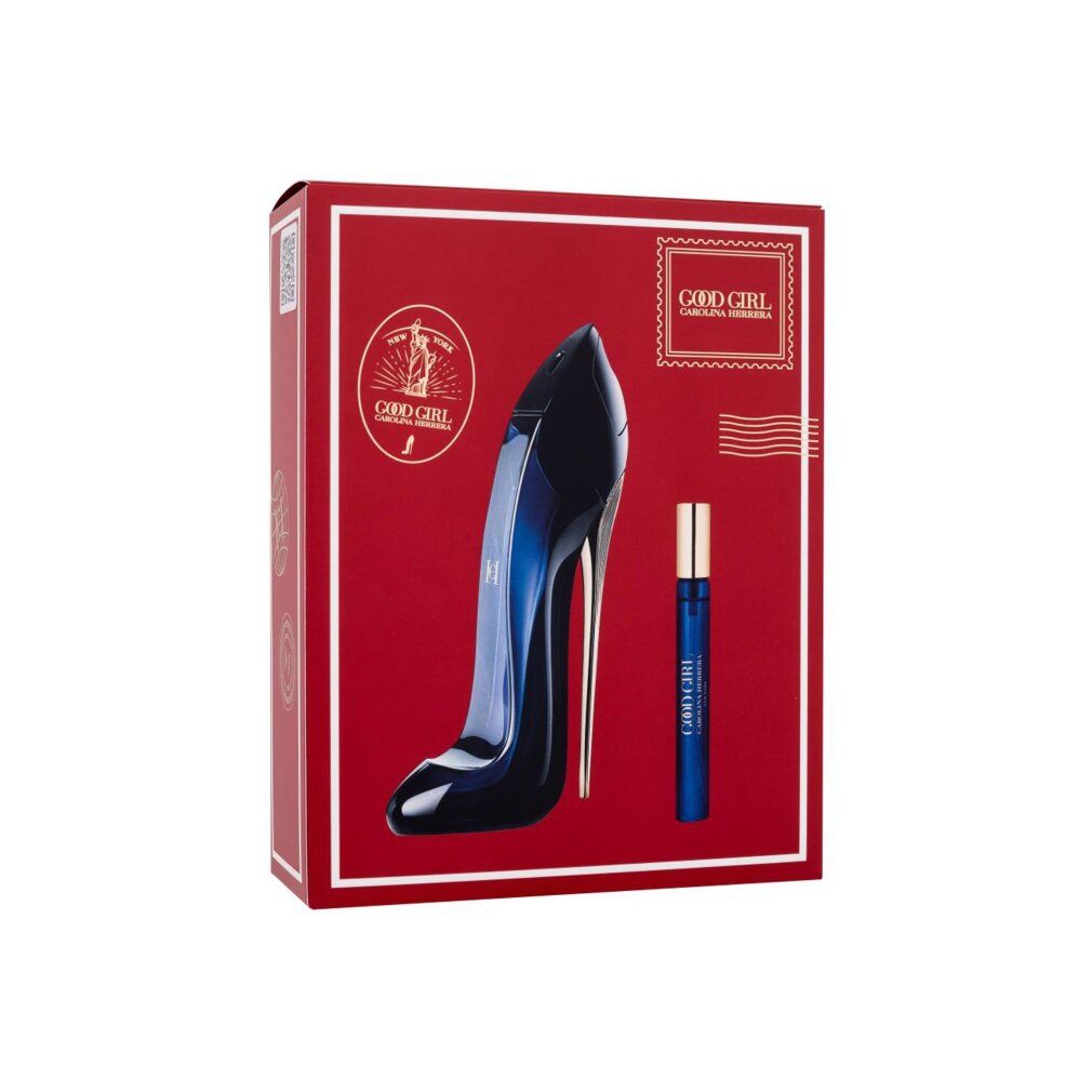 Ein Parfümset mit einer dunkelblauen Stöckelschuh-förmigen Parfümflasche und einem kleinen blauen Rollerball-Parfüm.
