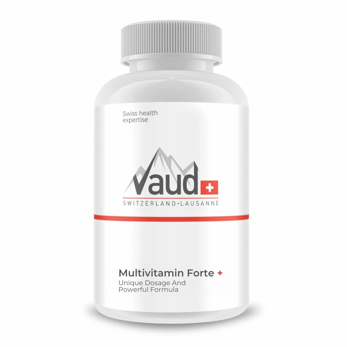 Weiße Flasche mit Schraubverschluss. Aufschrift: Vaud, Multivitamin Forte. Schweizer Gesundheitskompetenz. Roter Streifen.