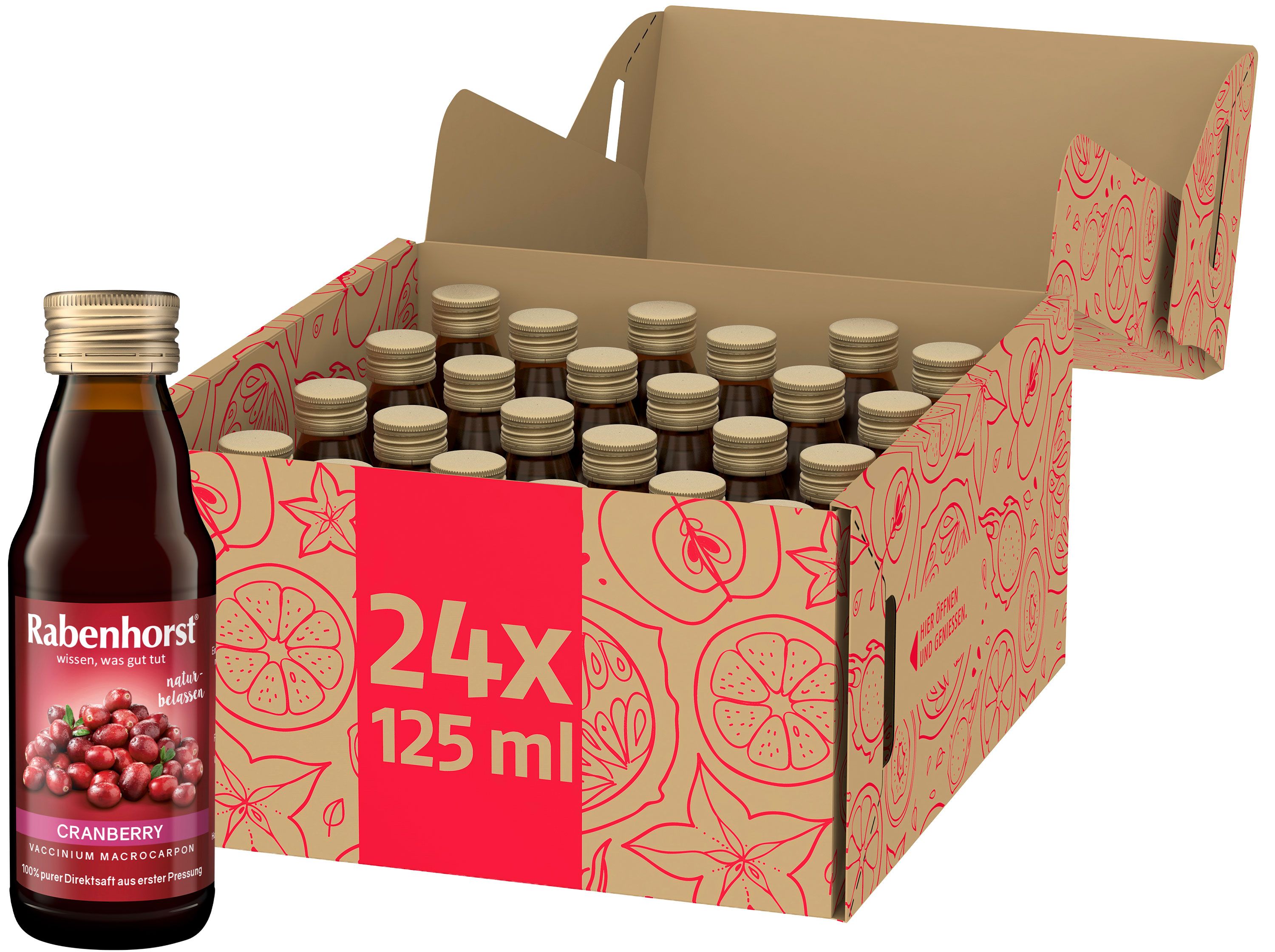 Karton mit 24 Flaschen Cranberry-Muttersaft. Eine Flasche steht daneben. Aufdruck: Rabenhorst, Cranberry, 24x125 ml.