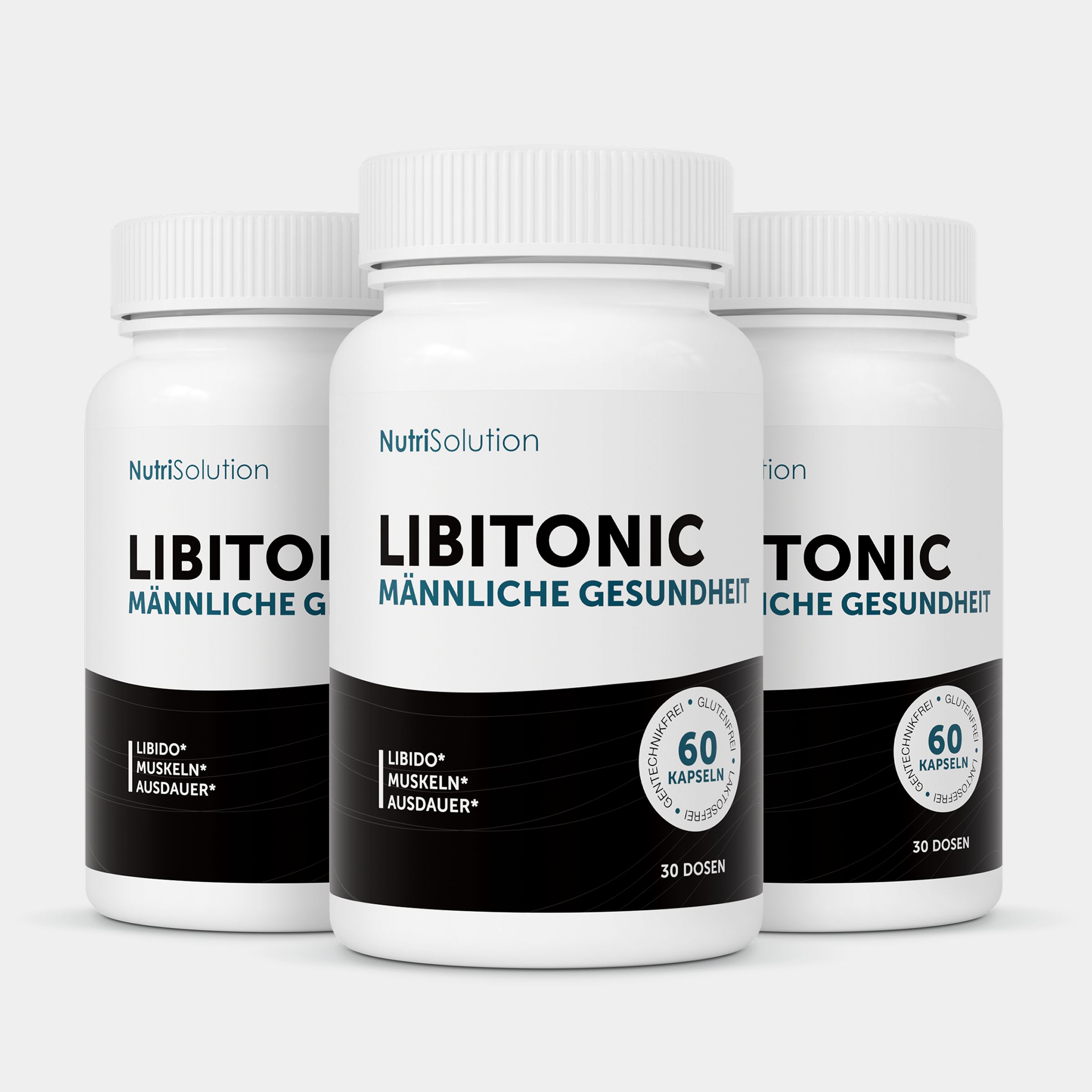 Drei weiße Flaschen NutriSolution LibiTonic für männliche Gesundheit, jede mit 60 Kapseln.
