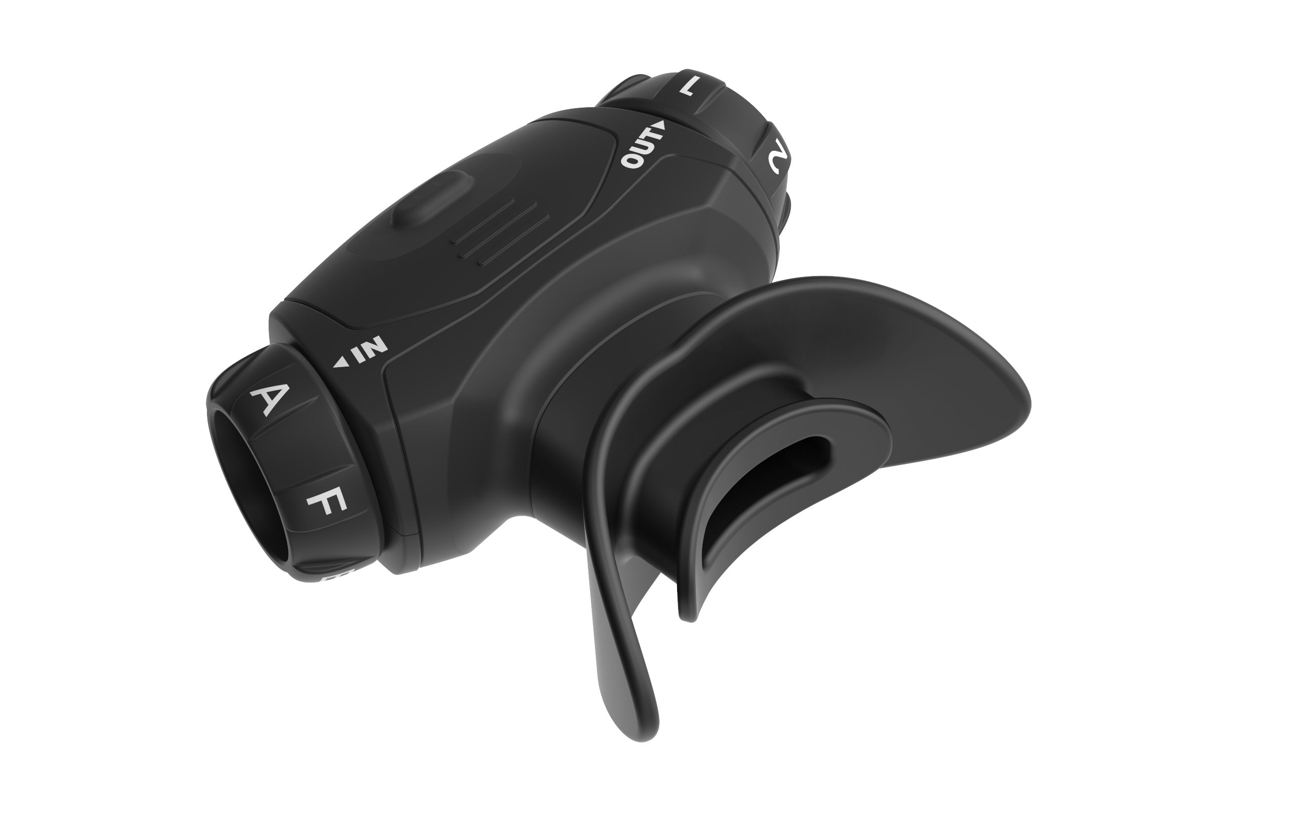 Schwarzes Atemtrainingsgerät mit AIRFIT-Logo. Mit Mundstück und Halterung. Buchstaben A, F, Zahlen 1, 2.