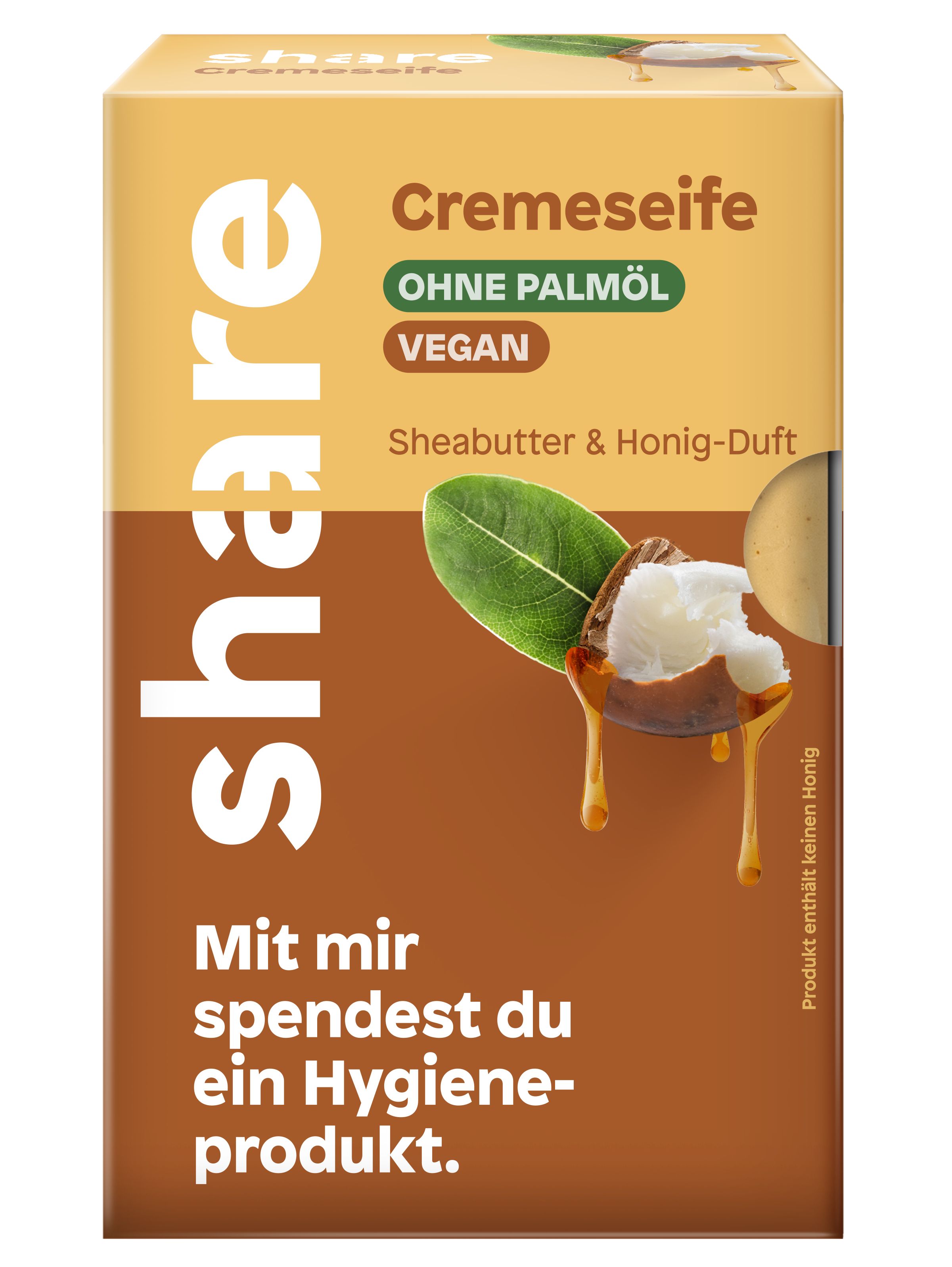 Verpackung von Cremeseife. Aufschrift: share, Cremeseife, ohne Palmöl, vegan, Sheabutter & Honig-Duft. Abbildung von Sheabutter und Honig.
