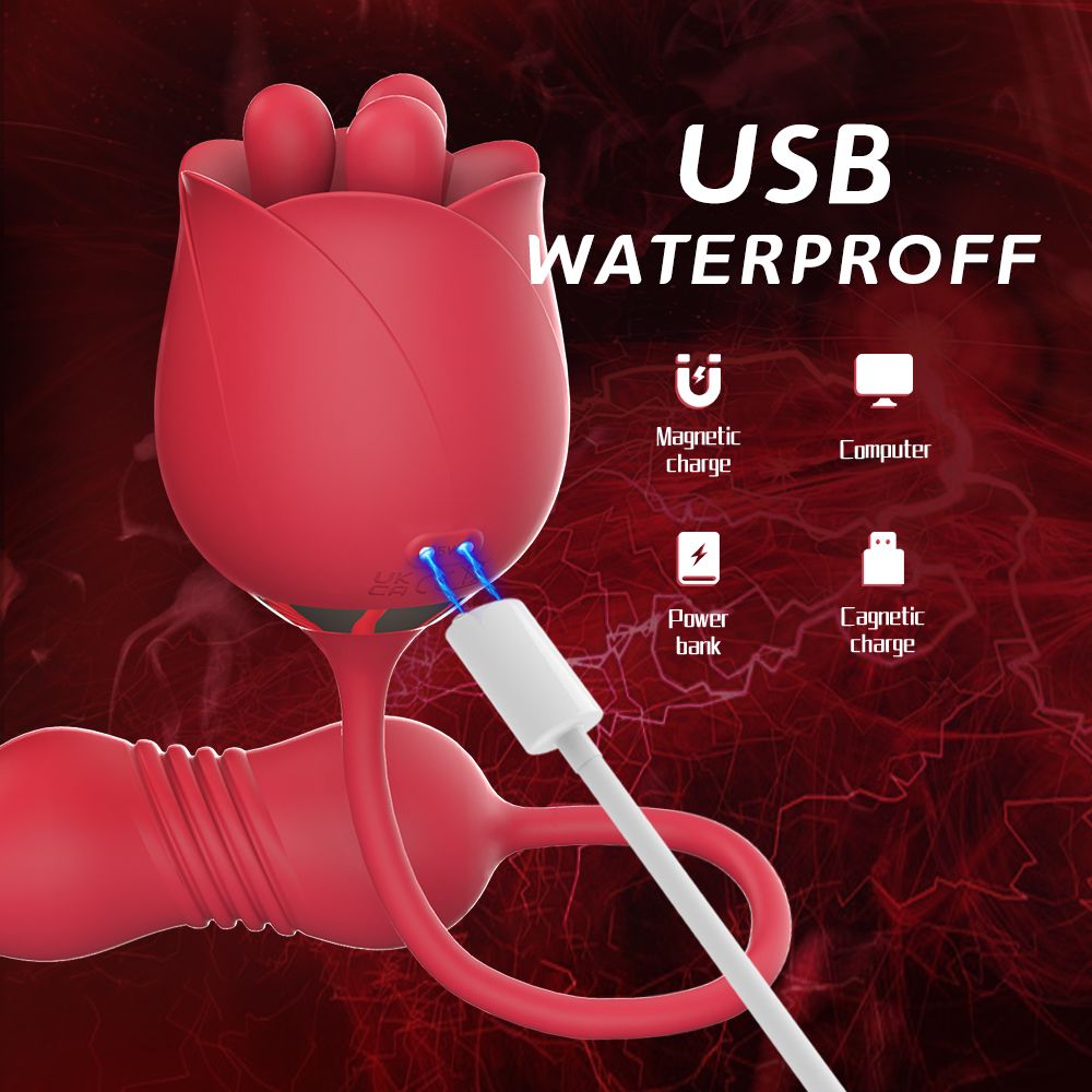 Roter Vibrator mit Rosenblüten-Design und Ei-Form. USB-Ladekabel angeschlossen. Text: USB WATERPROFF.