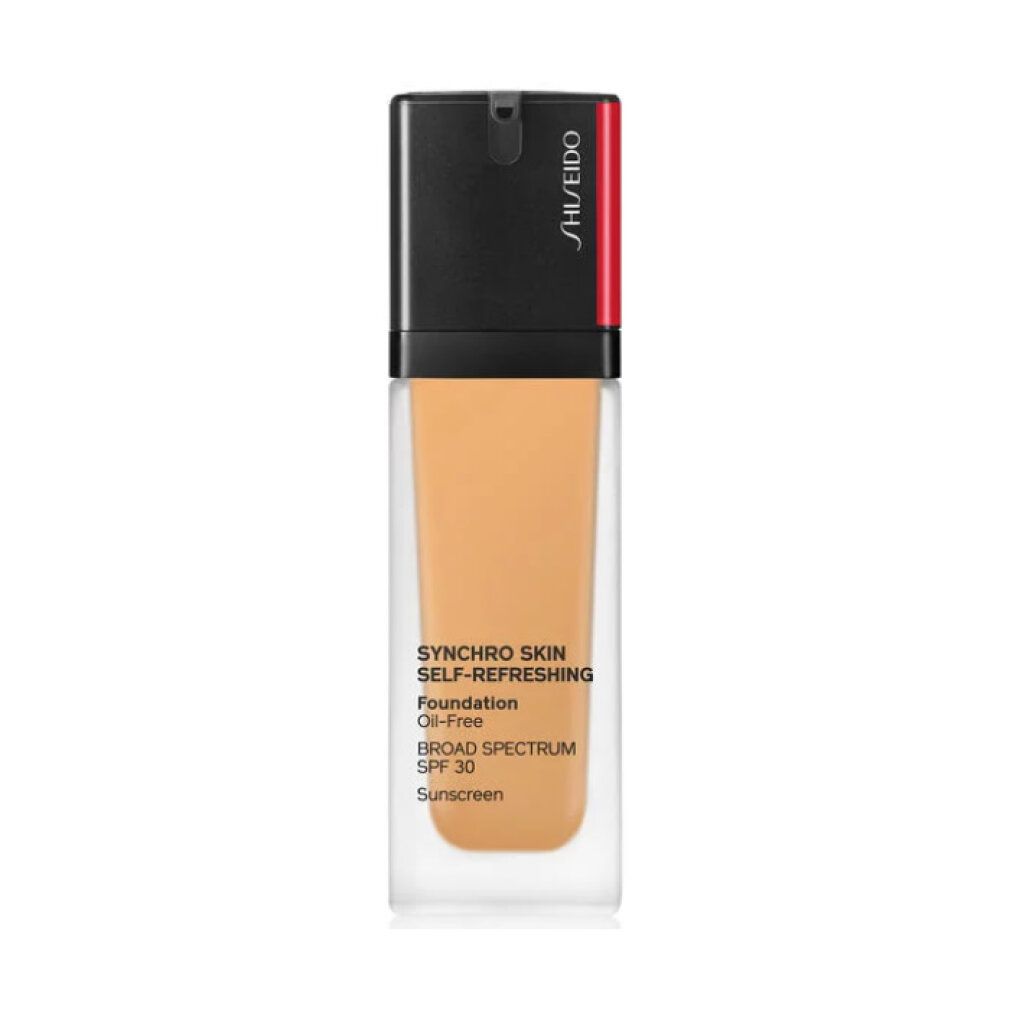 Flüssiges Make-up in rechteckiger Glasflasche mit schwarzem Deckel. Text: Synchro Skin Self-Refreshing, Foundation, Oil-Free, SPF 30, Sunscreen.