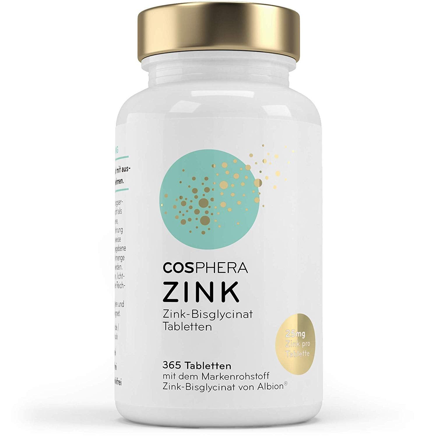 Cosphera Zink Tabletten: Weiße Flasche mit goldenem Deckel, Etikett mit türkisfarbenem Kreis.