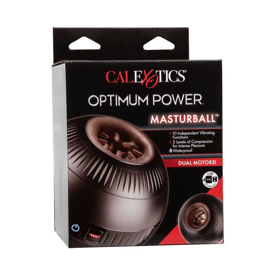 Verpackung mit Produktabbildung. Text: "CALIFORNIA EXOTICS OPTIMUM POWER MASTURBALL". Enthält Produktinformationen und Logos.