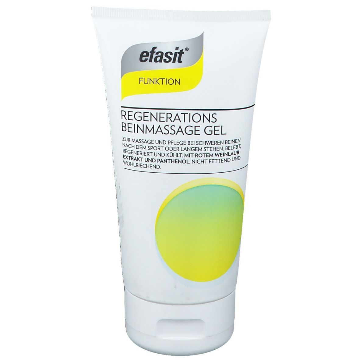 Weisse Tube "efasit Funktion Regenerations Beinmassage Gel". Gelbe und grüne Farbflächen, Text.