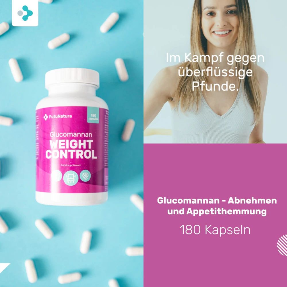 Flasche mit Kapseln, umgeben von Kapseln. Text: Glucomannan - Abnehmen und Appetithemmung. 180 Kapseln. Frau lächelt.