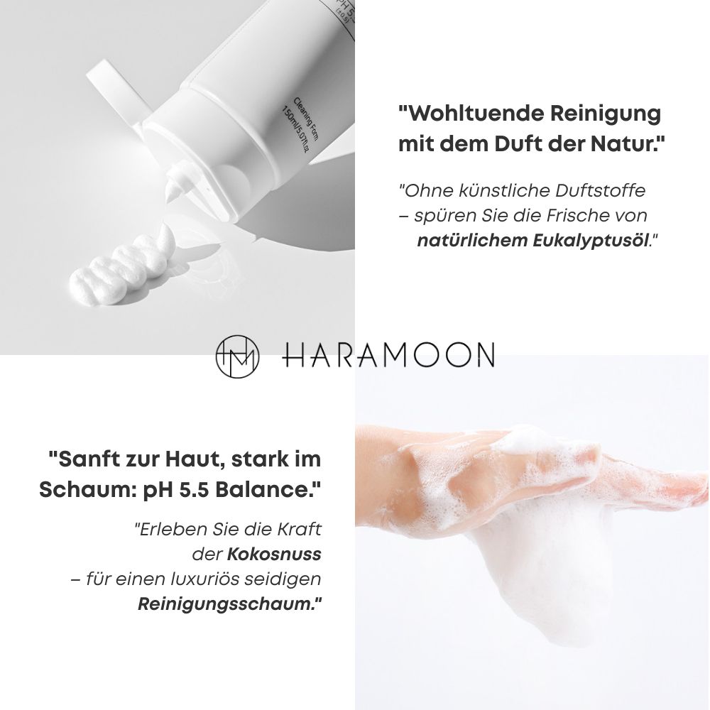 Hand mit Schaum. Text: Sanft zur Haut, stark im Schaum: pH 5.5 Balance. HARAMOON Logo. Kokosnuss-Extrakt.