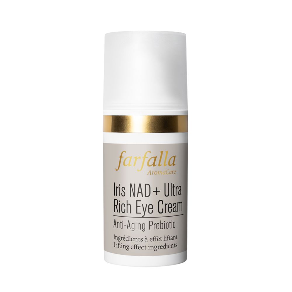 Cremebehälter mit weißem Deckel und goldfarbenem Ring. Aufschrift: Farfalla Iris NAD+ Ultra Rich Eye Cream. Anti-Aging Prebiotic.