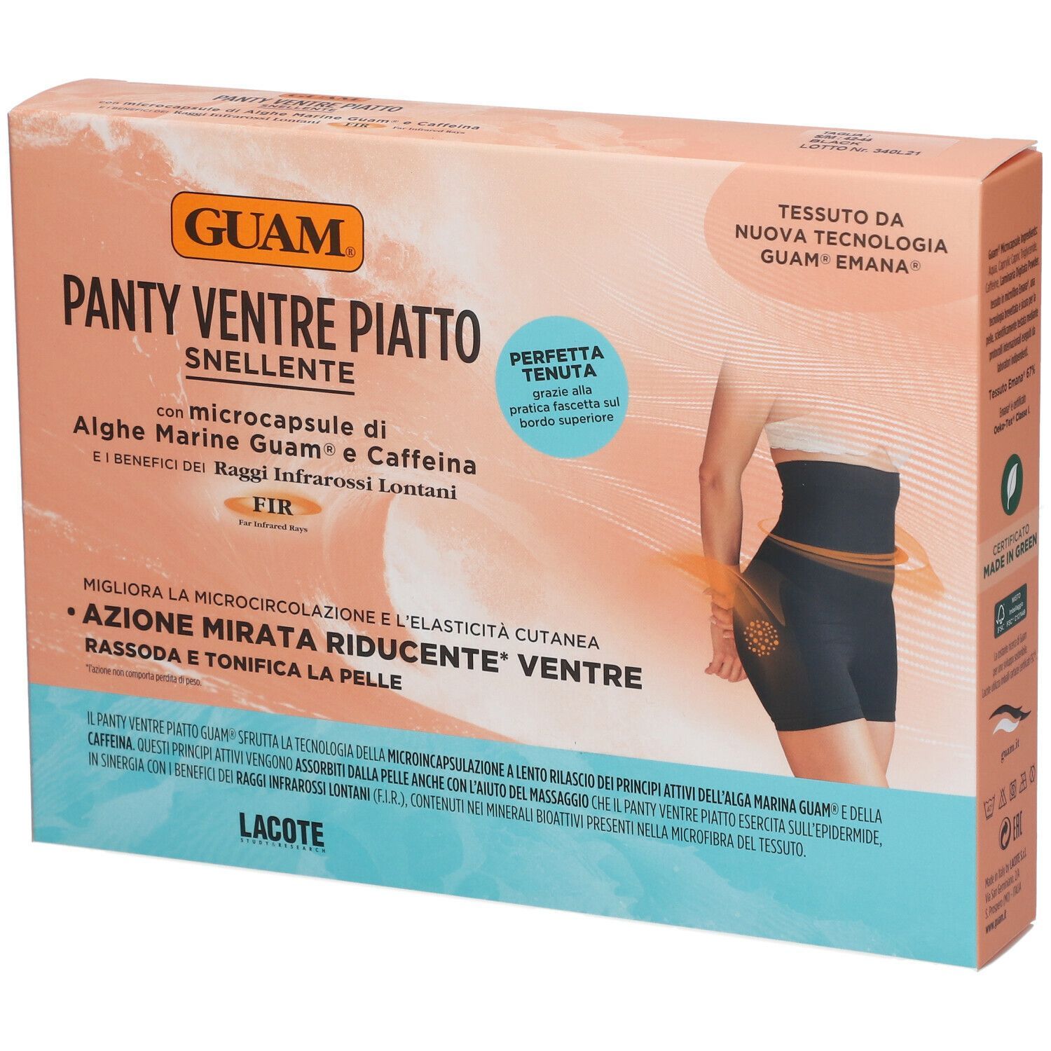 Confezione GUAM® Panty Ventre Piatto Snellente. Immagine del prodotto con testo e illustrazione di una donna. Include informazioni sull'uso.
