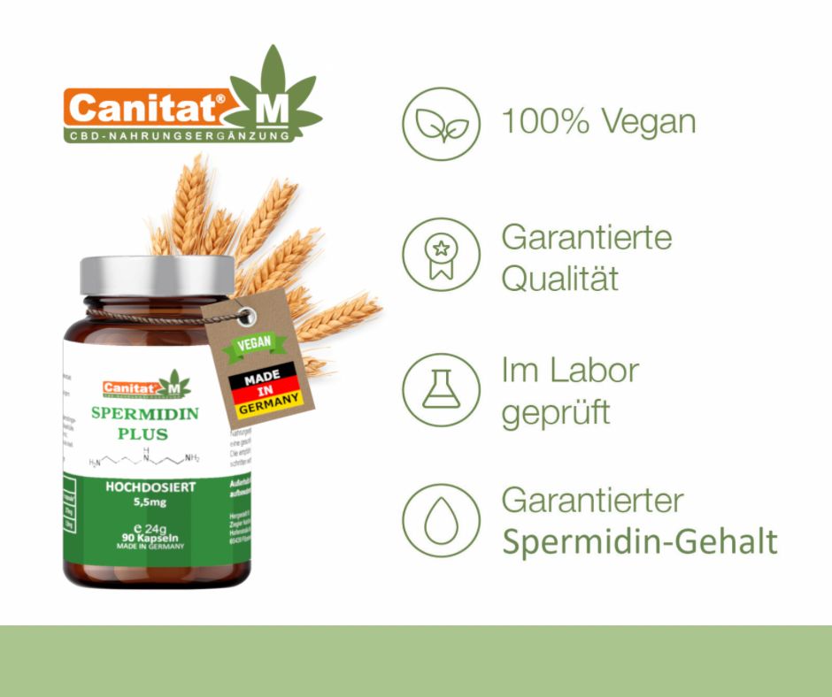 Produktflasche mit Etikett und Text. Vegan-Label und Made in Germany. Grafiken mit Text: 100% Vegan, Garantierte Qualität, Im Labor geprüft, Garantierter Spermidin-Gehalt.