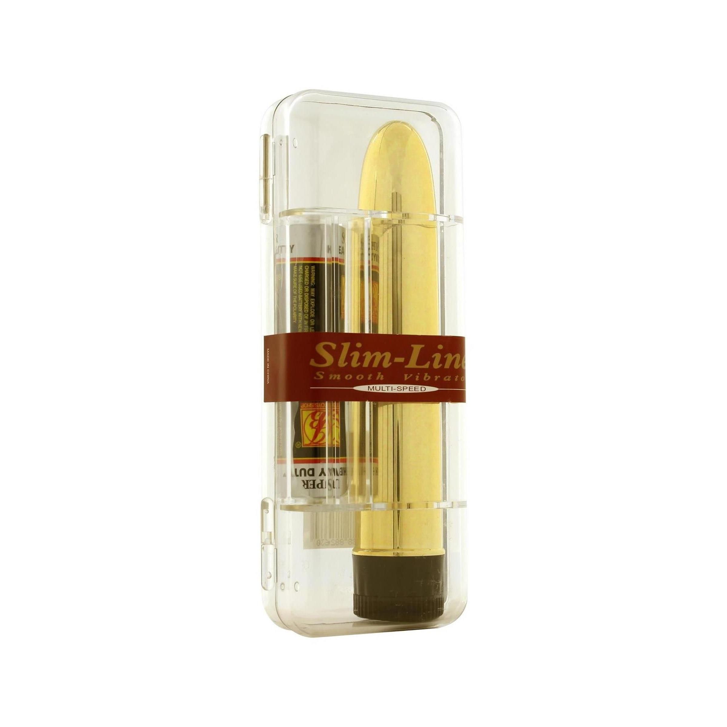 Goldfarbener Vibrator in transparenter Hülle. Aufschrift "Slim-Line Smooth Vibrator". Enthält weiteres Zubehör.