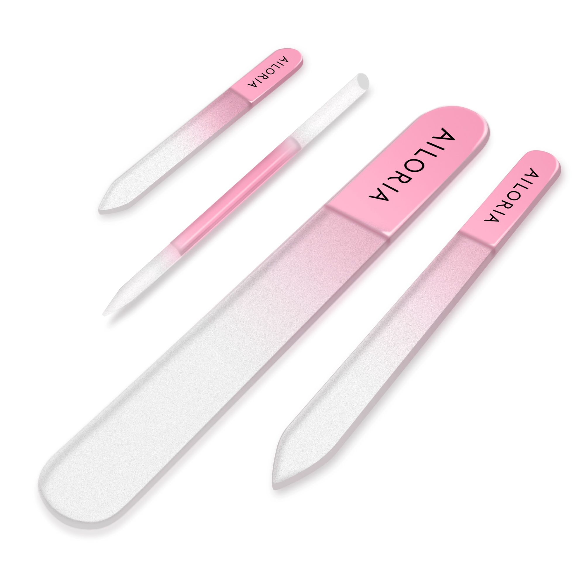 Nagelfeilen-Set. Vier Glasfeilen in verschiedenen Formen. Rosa Akzente und AILORIA-Logo.