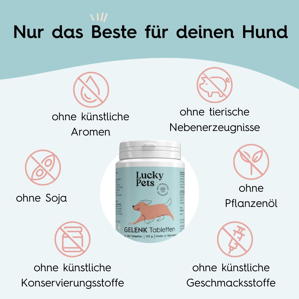 Produktflasche mit Tabletten. Text: Nur das Beste für deinen Hund. Ohne künstliche Aromen, tierische Nebenerzeugnisse, Soja, Pflanzenöl.