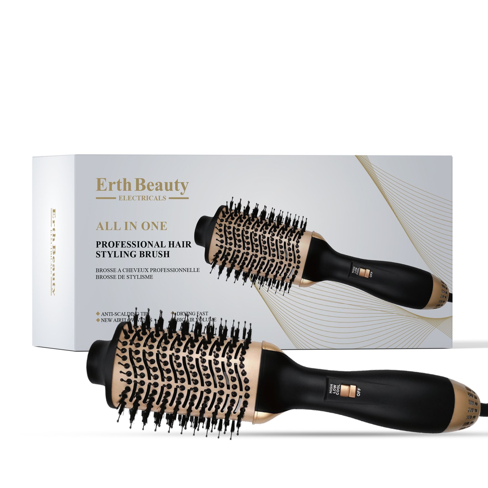 Ein Haartrockner- und Styling-Pinsel und seine Verpackung.