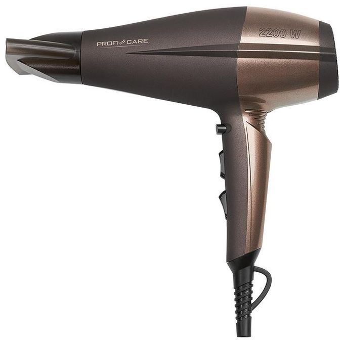 Asciugacapelli ProfiCare PC-HT 3010 bronzo e marrone. L'apparecchio mostra una potenza di 2200 W. Ha un'impugnatura con interruttori e un beccuccio. Il cavo di alimentazione è dotato di un anello.
