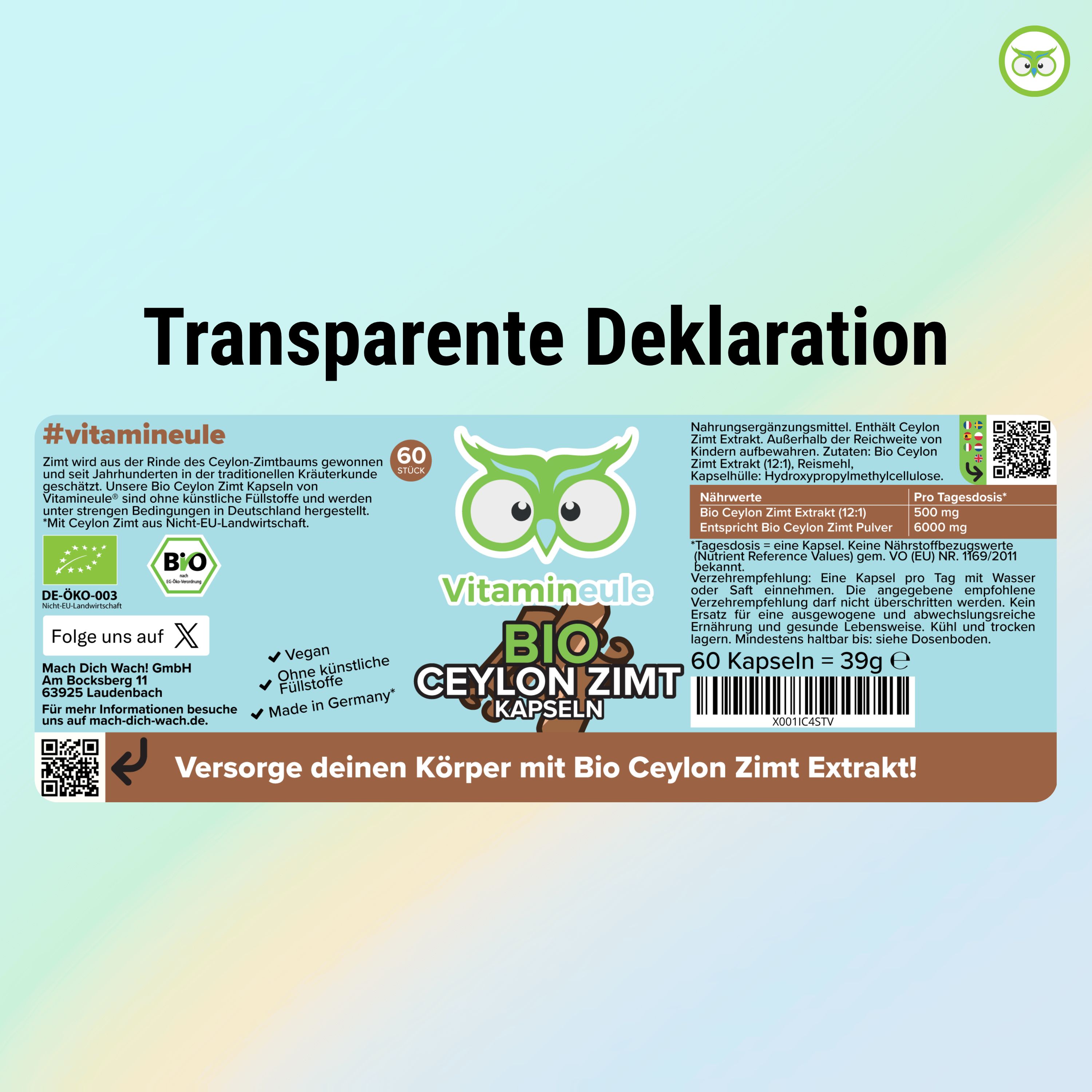 Produktetikett: Bio Ceylon Zimt Kapseln, 60 Kapseln, Vitamineule. Inhaltsstoffe, Verzehrempfehlung, Herkunft. Logo: Bio, Vegan, Made in Germany.