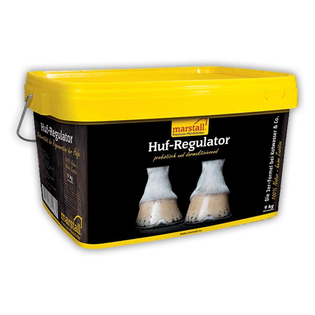 Gelber Eimer mit schwarzem Etikett, der Marstall Huf-Regulator zeigt. Enthält 9 kg.