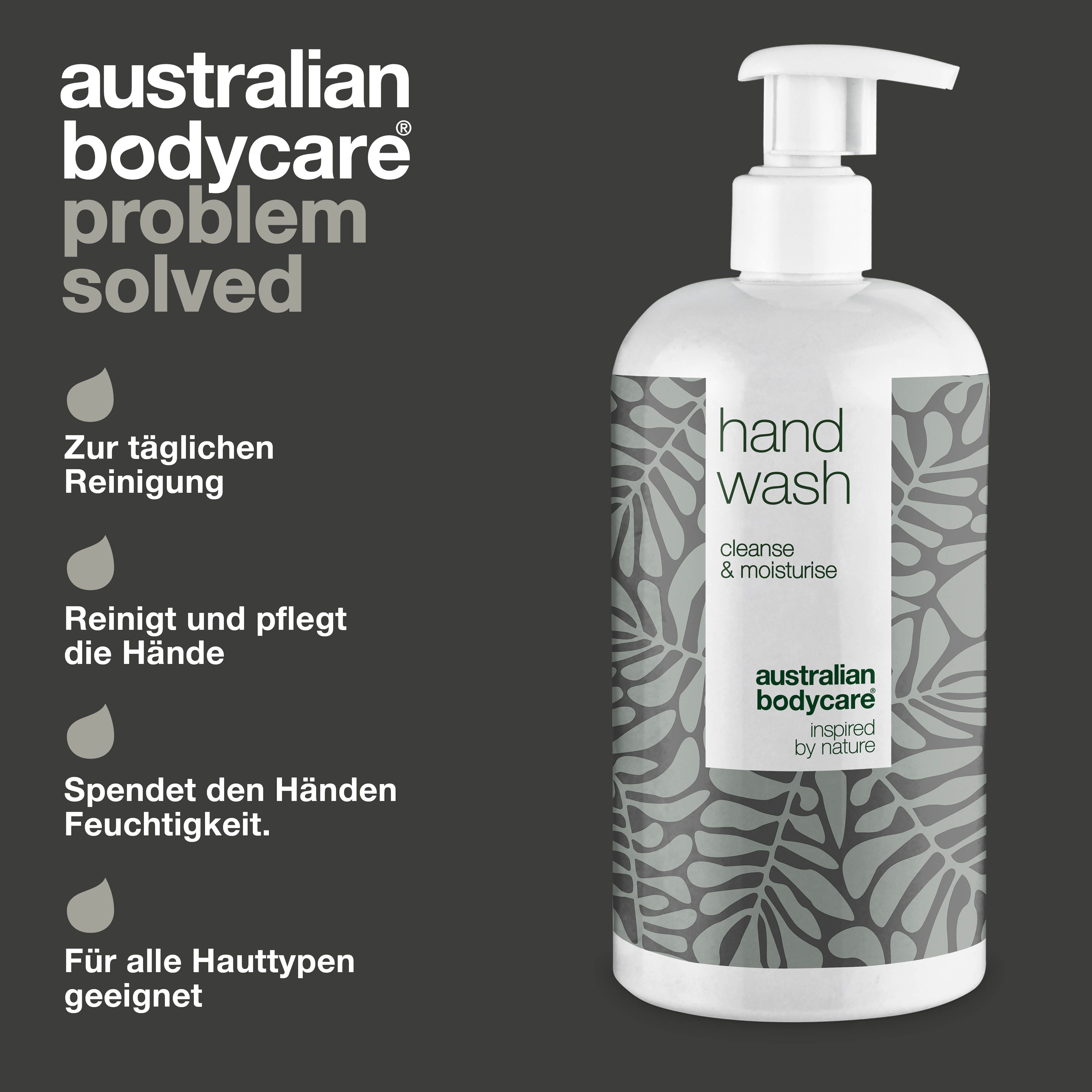Handseifenflasche. Aufschrift: Hand Wash, cleanse & moisturise. Logo: Australian Bodycare. Text: Zur täglichen Reinigung.