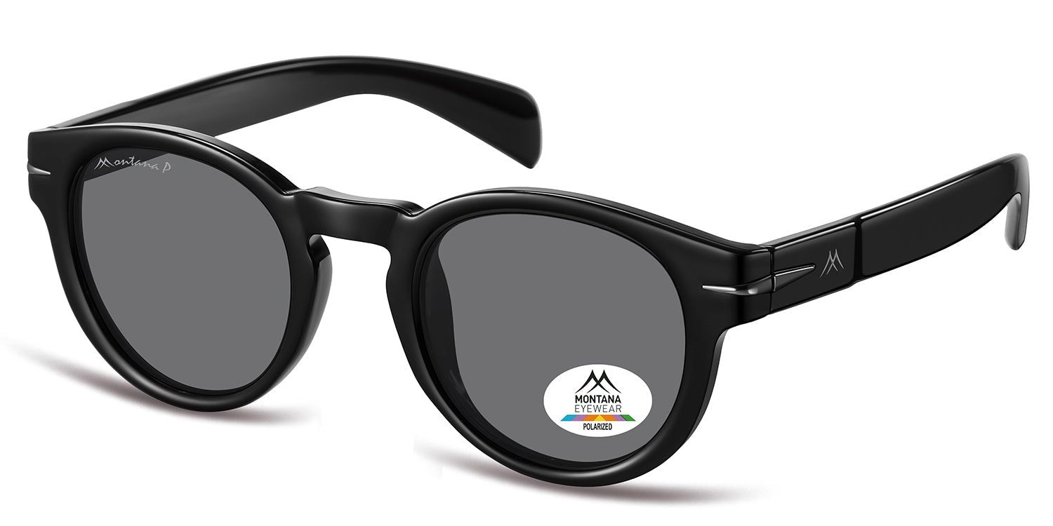 Schwarze Sonnenbrille, seitliche Ansicht. Runde Gläser, Montana Eyewear Logo auf dem Bügel und Glas. Polarisierte Gläser.