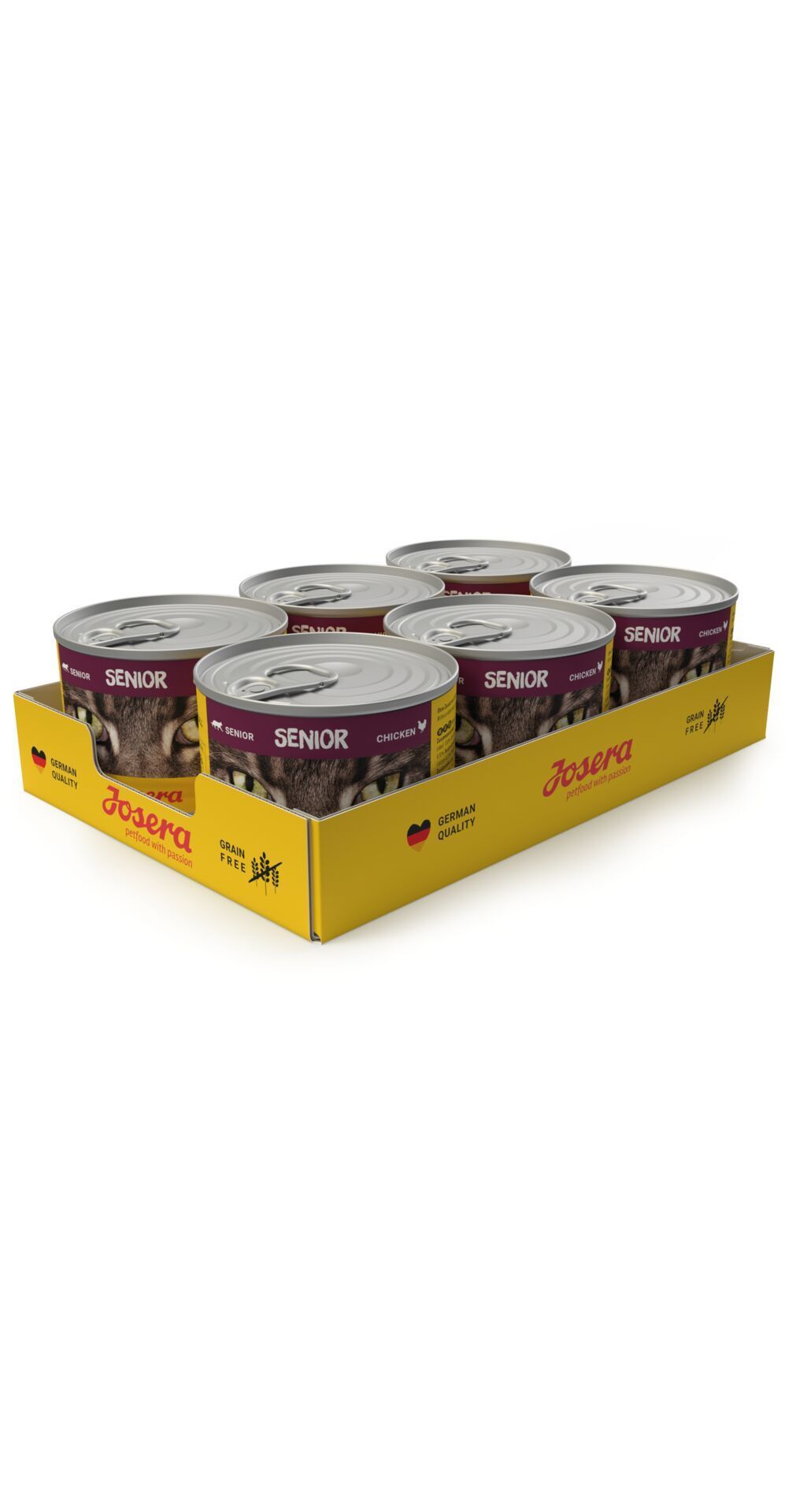 Packung mit sechs Josera Senior Katzenfutter-Dosen im Karton.