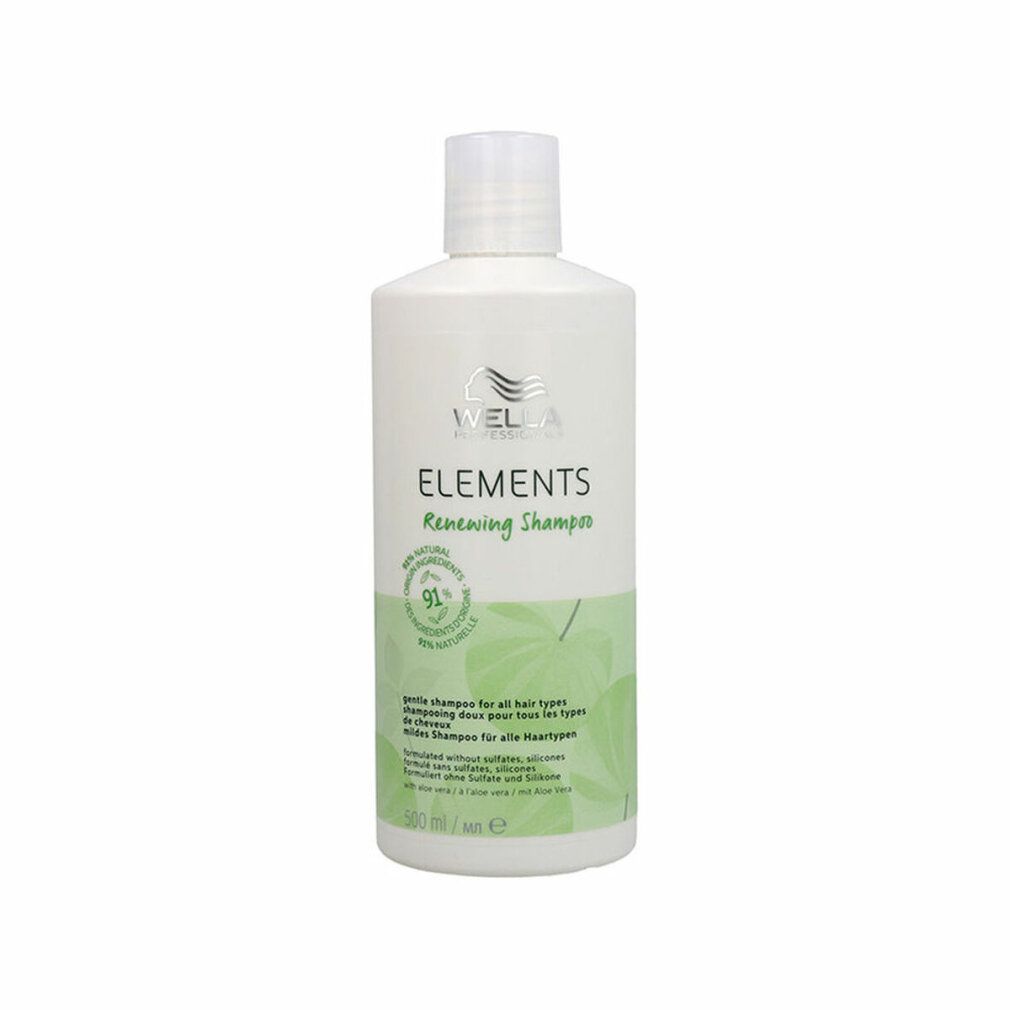 Weiße Flasche Wella Elements Shampoo. Aufschrift: Renewing Shampoo, 91% natürliche Inhaltsstoffe. Für alle Haartypen.