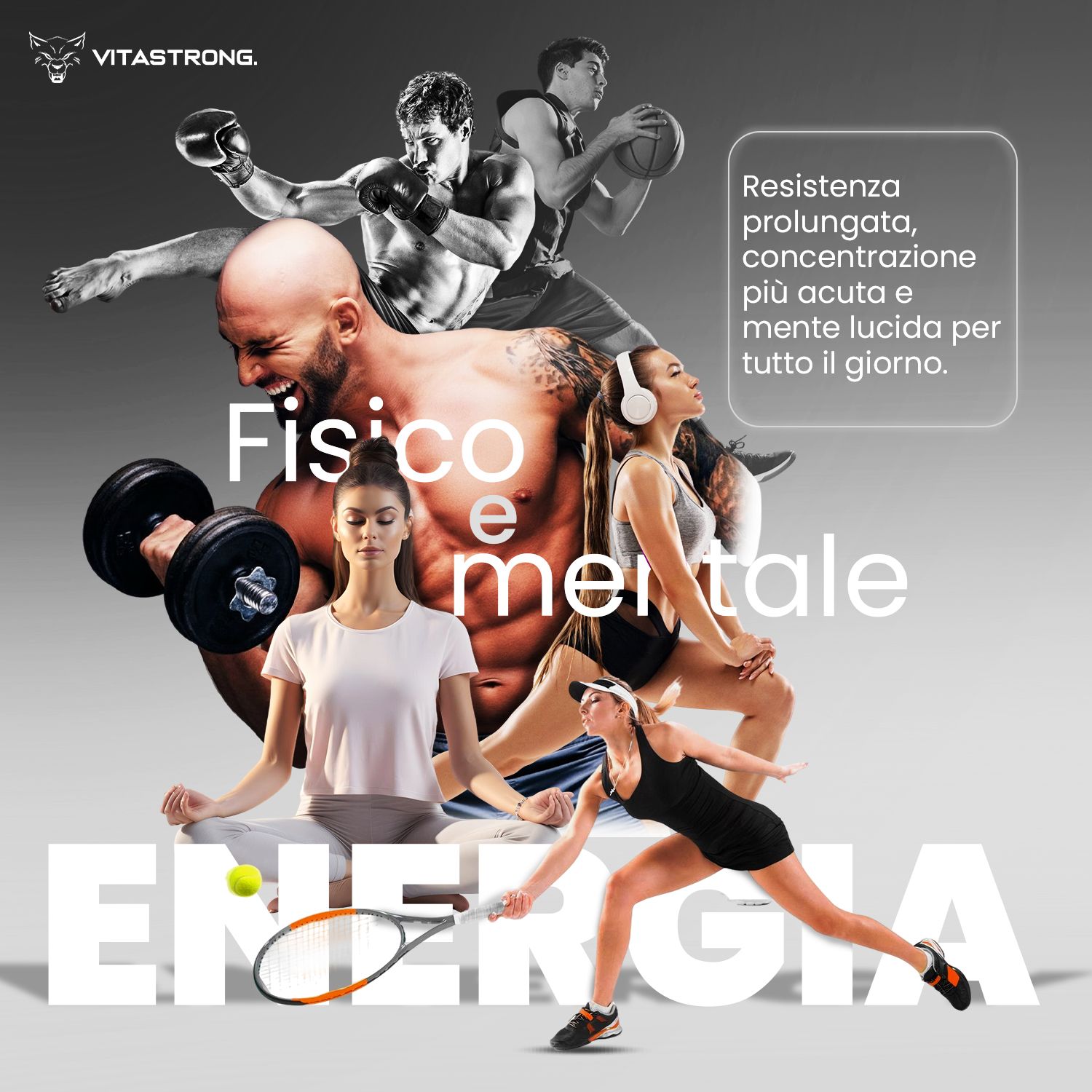 Vitastrong Energy Tropical Dose. Text: ENERGY, Tropical. Mit Sportlern und Text: Körperlich und geistig.