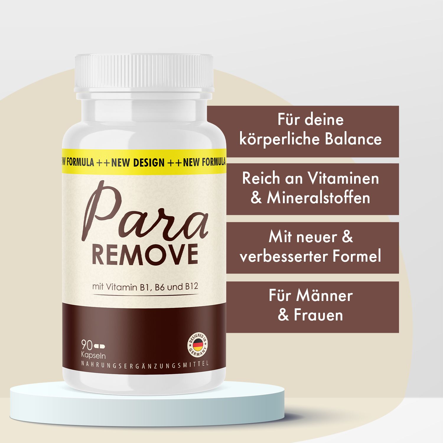 Weiße Kapsel-Dose mit "Para Remove"-Aufschrift. Textfelder: körperliche Balance, reich an Vitaminen, verbesserte Formel, für Männer & Frauen.