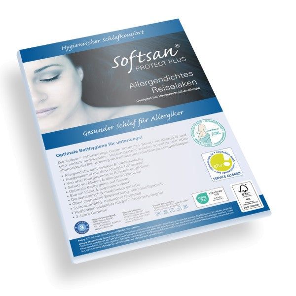 Verpackung des Softsan Milbenschutz Reiselakens. Aufdrucke: Produktname, Frauengesicht, Logos, Text. Blauer und weißer Hintergrund.
