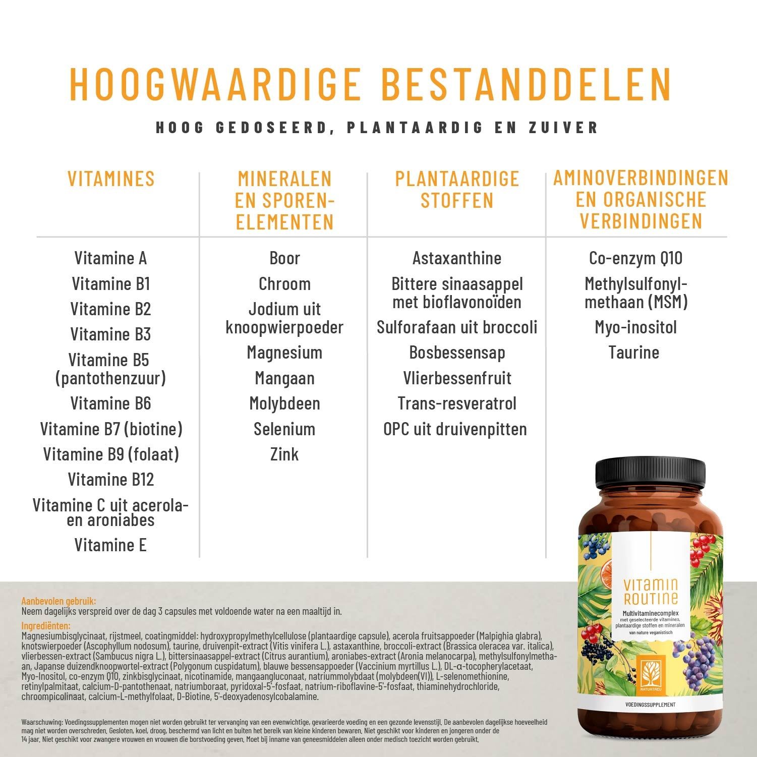 Tabelle mit Inhaltsstoffen. Überschrift: Hochwertige Bestandteile. Auflistung von Vitaminen, Mineralien, pflanzlichen Stoffen und Aminoverbindungen.